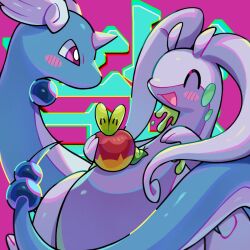 Rule 34 | aka tsy, animal focus, antennae, apple, applin, blue skin, blush, bright pupils, closed eyes, colored skin, commentary request, creatures (company), dragonair, food, fruit, game freak, gen 1 pokemon, gen 6 pokemon, gen 8 pokemon, goodra, head wings, highres, horns, nintendo, no humans, open mouth, pink background, pokemon, pokemon (creature), purple eyes, single horn, slime (substance), smile, snake, tail, wings, worm