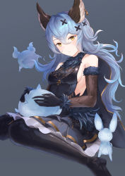 Rule 34 | 1girl, animal ears, bare shoulders, black background, black footwear, black gloves, blue hair, blush, boots, breasts, earrings, elbow gloves, erune, ferry (granblue fantasy), fugee (granblue fantasy), fur trim, geegee (granblue fantasy), ghost, gloves, granblue fantasy, hair between eyes, hair ornament, jewelry, kachi, long hair, looking at viewer, medium breasts, nicola (granblue fantasy), rabbit ears, sideboob, simple background, single earring, sitting, solo, thigh boots, thighhighs, wariza, wavy hair, x hair ornament, yellow eyes