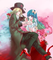 Rule 34 | 10s, 1boy, 1girl, antennae, ascot, blue eyes, blue hair, bow, braid, dress, formal, gloves, green hair, hair bow, happinesscharge precure!, hat, high heels, long hair, lying, applying manicure, mirrrrr, mouth hold, nail polish, namakeruda, painting nails, precure, shirayuki hime, suit, top hat, unworn gloves, yellow eyes