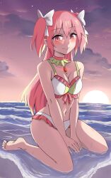 Rule 34 | 1girl, absurdres, beach, blush, breasts, commission, commissioner upload, feet, hair ribbon, highres, jewelry, kaname madoka, large breasts, long hair, mahou shoujo madoka magica, mahou shoujo madoka magica (anime), navel, necklace, pink eyes, pink hair, pink ribbon, ribbon, selverna, smile, swimsuit, white ribbon