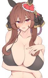 Rule 34 | 1girl, absurdres, alternate costume, animal ears, arm under breasts, bare shoulders, bikini, black bikini, blush, braided hair rings, breasts, brown hair, cleavage, collarbone, commentary request, ear covers, ear ornament, gentildonna (umamusume), hair between eyes, hair ornament, hand on own chest, highres, himuraanzu, horse ears, horse girl, large breasts, long hair, looking at viewer, open mouth, red eyes, solo, swimsuit, textless version, umamusume, upper body