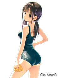 Rule 34 | 1girl, ass, bare arms, bare shoulders, black hair, blue one-piece swimsuit, breasts, brown eyes, closed mouth, commentary request, from behind, holding, koutaro, long hair, looking at viewer, looking back, low twintails, medium breasts, old school swimsuit, one-piece swimsuit, original, school swimsuit, simple background, smile, solo, swimsuit, twintails, twitter username, wet, wet hair, white background