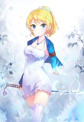 Rule 34 | 10s, 1girl, ayase eli, blonde hair, blue eyes, blush, breasts, character doll, dress, highres, jewelry, looking at viewer, love live!, love live! school idol festival, love live! school idol project, magic, necklace, ponytail, smile, solo, sword, thighhighs, tojo nozomi, weapon, white dress, white thighhighs, yuyan
