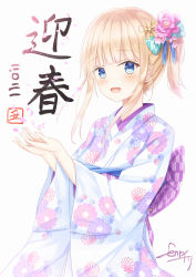 Rule 34 | 1girl, :d, bad id, bad pixiv id, blonde hair, blue eyes, blunt bangs, blush, floral print, hair ornament, highres, japanese clothes, kanzashi, kimono, long sleeves, looking at viewer, new year, obi, open hands, open mouth, original, own hands together, sash, senri (senri sen), short ponytail, signature, simple background, smile, solo, teeth, upper body, upper teeth only, white background, white kimono, wide sleeves