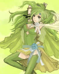 Rule 34 | 1990s (style), 1girl, aged up, boots, breasts, bridal gauntlets, cape, detached sleeves, female focus, final fantasy, final fantasy iv, gradient background, green eyes, green footwear, green hair, keru, long hair, matching hair/eyes, retro artstyle, rydia (ff4), solo, thigh boots, thighhighs