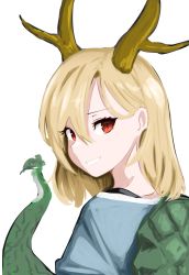 Rule 34 | 1girl, absurdres, antlers, blonde hair, blue shirt, commentary request, derinhi1123, dragon horns, dragon tail, from behind, grin, hair behind ear, hair between eyes, highres, horns, kicchou yachie, looking at viewer, looking back, medium hair, one-hour drawing challenge, red eyes, shirt, simple background, slit pupils, smile, solo, strap, tail, touhou, turtle shell, white background