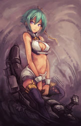 Rule 34 | 10s, 1girl, aquarion (series), aquarion evol, bad id, bad pixiv id, black thighhighs, breasts, cleavage, cleavage cutout, clothing cutout, cockpit, controller, green hair, highres, joystick, looking at viewer, medium breasts, navel, purple eyes, shorts, sitting, softmode, solo, thighhighs, wrist cuffs, zessica wong