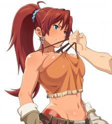 Rule 34 | 10s, 1girl, bellows (suisei no gargantia), belt, blue eyes, breasts, brown hair, clenched teeth, gloves, hair ornament, large breasts, long hair, midriff, navel, ponytail, pulling, scrunchie, simple background, solo, suisei no gargantia, teeth, tenchisouha, white background