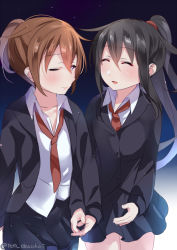 Rule 34 | 2girls, alternate hairstyle, bad id, bad pixiv id, black jacket, black skirt, blazer, blush, closed eyes, closed mouth, collarbone, collared shirt, commentary request, couple, dress shirt, facing another, hair between eyes, hatsushimo (kancolle), holding hands, jacket, juurouta, kantai collection, lips, long hair, long sleeves, looking at another, loose necktie, miniskirt, multiple girls, necktie, one eye closed, open clothes, open mouth, open shirt, pleated skirt, raised eyebrows, red neckwear, shirt, skirt, twitter username, wakaba (kancolle), walking, white shirt, wing collar, yuri