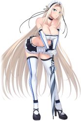 Rule 34 | 1girl, aqua eyes, bare shoulders, belt, blonde hair, breasts, character request, checkered clothes, checkered legwear, choker, cleavage, closed umbrella, collarbone, elbow gloves, full body, gang of heaven, gloves, headdress, high heels, holding, large breasts, leaning forward, long hair, looking at viewer, maid, maid headdress, microskirt, midriff, miniskirt, race queen, skirt, smile, solo, strapless, suzume inui, thighhighs, transparent background, umbrella, very long hair, white gloves, white thighhighs, zettai ryouiki
