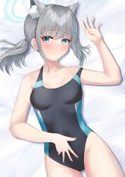 Rule 34 | 1girl, absurdres, animal ear fluff, bed sheet, blue archive, blue eyes, collarbone, commentary, extra ears, fukujin, grey hair, groin, hair between eyes, halo, highleg, highleg swimsuit, highres, looking at viewer, low ponytail, lying, medium hair, mismatched pupils, on back, school swimsuit, shiroko (blue archive), shiroko (swimsuit) (blue archive), sidelocks, simple background, sleeveless, solo, swimsuit, two-tone swimsuit