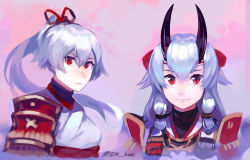 Rule 34 | 1girl, armor, blue hair, closed mouth, commentary, fate/grand order, fate (series), hair between eyes, headband, highres, horns, idk-kun, japanese armor, japanese clothes, kimono, long hair, looking at viewer, multiple views, obi, oni horns, ponytail, red eyes, sash, sidelocks, smile, tomoe gozen (fate), twitter username, white kimono