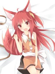 Rule 34 | 1girl, :d, ahoge, animal ears, ascot, bare arms, bed sheet, belt, belt buckle, unworn belt, black skirt, blush, bow, brown belt, brown dress, buckle, commentary request, dress, fang, fox ears, fox girl, fox tail, hair ribbon, hand up, highres, kushida you, long hair, lying, on back, one side up, open mouth, original, red eyes, red hair, ribbon, sailor dress, skirt, sleeveless, sleeveless dress, smile, solo, tail, v-shaped eyebrows, very long hair, white bow, yellow ascot, yellow ribbon