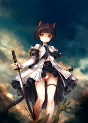 Rule 34 | 1girl, animal ears, black hair, black skirt, blood, breasts, brown eyes, cat ears, cat tail, claws, cloud, colored skin, detached sleeves, dress, gluteal fold, goblin, green skin, highres, hitomaru, katana, legs, long legs, looking down, monster, open clothes, open dress, original, outdoors, panties, pantyshot, shaded face, shirt, short hair, sideboob, skirt, sky, small breasts, stab, standing, sword, tail, thigh strap, underwear, weapon, white dress, white panties, white shirt, wind, wind lift