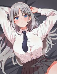 Rule 34 | 1girl, absurdres, arms up, black necktie, blue eyes, breasts, button gap, collared shirt, commentary request, cowboy shot, facing viewer, grey hair, grey skirt, heavy breathing, highres, kamidan, large breasts, light blush, long hair, necktie, original, parted lips, pleated skirt, school uniform, shirt, skirt, solo, white shirt