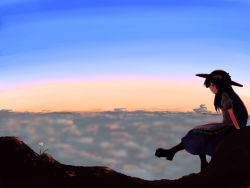 Rule 34 | 1girl, above clouds, blue sky, boots, cloud, daisy, dress, expressionless, flower, food, fruit, hat, highres, hinanawi tenshi, kys (k-k2), layered dress, leg up, outdoors, peach, platform footwear, profile, red eyes, short sleeves, sitting, sky, solo, touhou, twilight