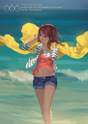 Rule 34 | 10s, 1girl, 2014, beach, blue shorts, brown eyes, brown hair, dated, day, denim, denim shorts, english text, highres, hjl, long hair, midriff, navel, ocean, original, quote, shirt, short shorts, shorts, solo, standing, striped clothes, striped shirt, text focus, wind