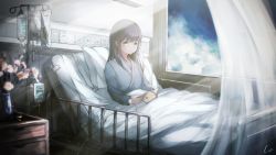 Rule 34 | 1girl, absurdres, bad id, bad pixiv id, bed, black hair, book, cloud, cloudy sky, commentary request, drawer, flower, highres, hospital bed, hospital gown, huge filesize, intravenous drip, lliftt, long hair, no eyebrows, original, reading, see-through, sitting, sky, solo, vase, window, yellow eyes