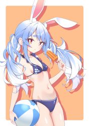 Rule 34 | 1girl, absurdres, animal ears, ball, bikini, blue bikini, blue hair, braid, breasts, food, highres, holding, holding ball, hololive, ice cream, long hair, looking at viewer, multicolored hair, navel, orange background, orange eyes, quarterlift, rabbit ears, small breasts, solo, swimsuit, thick eyebrows, thighs, twin braids, two-tone background, two-tone hair, usada pekora, virtual youtuber, white background, white hair