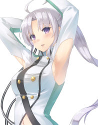 Rule 34 | 10s, 1girl, ahoge, akitsushima (kancolle), armpits, bad id, bad pixiv id, breasts, female focus, highres, kantai collection, large breasts, military, military uniform, oukawa yuu, purple eyes, side ponytail, silver hair, simple background, solo, uniform