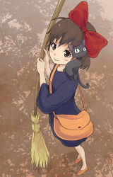 Rule 34 | 1980s (style), 1girl, bad id, bad pixiv id, bag, bow, broom, brown eyes, brown hair, cat, child, dress, face, from above, hair bow, jiji (majo no takkyuubin), kiki (majo no takkyuubin), looking up, maeda risou, majo no takkyuubin, retro artstyle, perspective, retro artstyle, satchel, smile, solo, studio ghibli