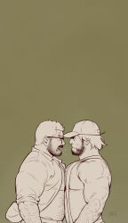 Rule 34 | 2boys, absurdres, bara, bare pectorals, baseball cap, closed mouth, facial hair, glasses, green background, hat, highres, large pectorals, looking at another, male focus, multiple boys, muscular, muscular male, nipples, open clothes, open mouth, open shirt, original, pectorals, shirt, short hair, simple background, suspenders, youtian (youtiange)