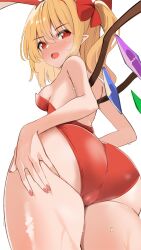 Rule 34 | 1girl, alternate costume, animal ears, ass, blonde hair, bow, breasts, commentary request, crystal, fake animal ears, fingernails, flandre scarlet, from below, hair between eyes, hair bow, highres, kamukamu (ars), leotard, looking at viewer, medium hair, nail polish, open mouth, playboy bunny, pointy ears, rabbit ears, red bow, red eyes, red leotard, red nails, side ponytail, simple background, small breasts, solo, touhou, white background, wings