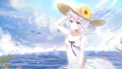 Rule 34 | 1girl, animal, arm up, bad id, bad pixiv id, bare arms, bare shoulders, bird, black bow, blue sky, bow, braid, breasts, brown hat, cloud, cloudy sky, collarbone, commentary, day, dress, english commentary, flower, hair between eyes, hat, hat flower, horizon, long hair, ocean, original, outdoors, pink flower, purple eyes, purple hair, qlakwnd, sky, sleeveless, sleeveless dress, small breasts, solo, straw hat, twin braids, water, water drop, white dress, yellow flower