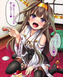 Rule 34 | 1girl, ahoge, bare shoulders, blush, boots, brown hair, cake, carpet, cup, food, food on face, fork, fruit, hair intakes, hairband, heart, highres, kantai collection, kongou (kancolle), long hair, looking at viewer, militia minpei, nontraditional miko, on floor, open mouth, pillow, plate, purple eyes, round teeth, sitting, skirt, smile, solo, strawberry, tea, teacup, teeth, thigh boots, thighhighs, translation request, wariza