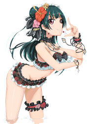 Rule 34 | 1girl, absurdres, bikini, black bow, bow, breasts, butt crack, choker, cleavage, collarbone, floating hair, floral print, flower, frilled bikini, frills, green hair, groin, hair bun, hair flower, hair ornament, headdress, hibiscus, highres, jewelry, leaning forward, long hair, looking at viewer, love live!, love live! school idol festival, love live! sunshine!!, medium breasts, navel, necklace, print bikini, qualitynine117, red eyes, red flower, red rose, rose, sideboob, simple background, single hair bun, smile, solo, standing, striped, striped bow, swimsuit, thigh strap, tsushima yoshiko, wading, white background, wrist cuffs