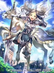 Rule 34 | 1girl, armor, breastplate, castle, cloud, cloudy sky, commentary request, company name, copyright name, cynthia (fire emblem), day, dress, fire emblem, fire emblem awakening, fire emblem cipher, full body, garter straps, gauntlets, green eyes, grey hair, holding, holding weapon, long hair, looking at viewer, nagahama megumi, nintendo, official art, open mouth, outdoors, parted bangs, pegasus, pegasus knight uniform (fire emblem), polearm, short dress, short twintails, shoulder armor, shoulder pads, sidelocks, sky, sleeveless, smile, solo, spear, twintails, weapon