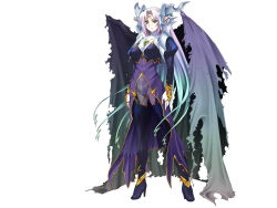 Rule 34 | 1girl, blue hair, breasts, camilla (rance), demon girl, demon wings, dragon girl, dragon wings, facial mark, forehead mark, full body, grey hair, high heels, horns, jewelry, large breasts, long hair, medium breasts, multicolored hair, official art, pointy ears, rance (series), solo, third-party source, torn wings, wings, yellow eyes
