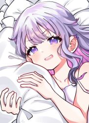 Rule 34 | 1girl, bed, blush, camisole, collarbone, colored inner hair, gem, hair flaps, hololive, hololive english, koseki bijou, looking at viewer, lying, multicolored hair, off shoulder, open mouth, pillow, purple eyes, purple hair, smile, solo, virtual youtuber, xinchi