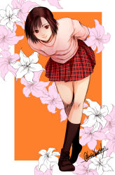 Rule 34 | 1girl, arms behind back, brown footwear, brown hair, floral background, full body, harasaki nozomi, kusu (moo1225), leaning forward, miniskirt, orange background, parted hair, plaid, plaid skirt, red eyes, shenmue, shenmue i, signature, skirt, smile, solo, sweater, white sweater