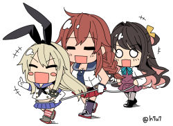 Rule 34 | 10s, 3girls, = =, blank eyes, blush stickers, braid, breasts, chibi, cleavage, closed eyes, full body, gloves, hair intakes, hanauna, kantai collection, long hair, multicolored hair, multiple girls, naganami (kancolle), noshiro (kancolle), o o, open mouth, pantyhose, patterned legwear, red stripes, rope, rope train, school uniform, serafuku, shimakaze (kancolle), simple background, smile, thighhighs, two-tone stripes, walking, white background, white gloves, white stripes, wide-eyed