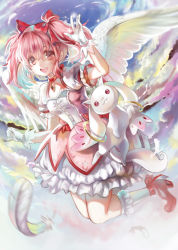 Rule 34 | 10s, 1girl, :d, bow, cloud, cloudy sky, feathered wings, feathers, flying, full body, gloves, hair bow, highres, kaname madoka, kyubey, magical girl, mahou shoujo madoka magica, mahou shoujo madoka magica (anime), open mouth, pink eyes, pink hair, sky, smile, soul gem, syncaidia, twintails, wings