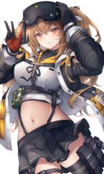 1girl :3 black_jacket black_skirt black_thighhighs brown_eyes brown_hair commentary cowboy_shot crop_top dutch_angle girls&#039;_frontline girls&#039;_frontline_2:_exilium head-mounted_display highres id_card jacket lenna_(girls&#039;_frontline_2) long_hair long_sleeves looking_at_viewer midriff miniskirt navel open_clothes open_jacket pleated_skirt pouch simple_background skirt snm_(sunimi) solo symbol-only_commentary thigh_pouch thighhighs twintails two-tone_gloves ump9_(girls&#039;_frontline) w white_background