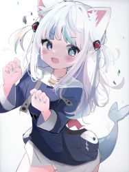 Rule 34 | 1girl, animal ear fluff, animal ears, blue eyes, blue hair, blue nails, blush, bobbles, cat ears, collarbone, dot nose, feet out of frame, fingernail polish, fins, fish tail, gawr gura, grey hair, hair ornament, highres, hololive, hololive english, holomyth, hood, hoodie, leaning forward, long hair, long hoodie, long sleeves, multicolored hair, nail polish, nocchi (r ws2l), open mouth, panties, panty peek, shark hair ornament, shark tail, simple background, solo, tail, twintails, two-tone hair, underwear, virtual youtuber, white background, white panties