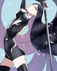 Rule 34 | 1other, absurdly long hair, androgynous, arched back, ass, ban! (bansankan), black eyes, black gloves, black hair, black thighhighs, bodysuit, bort, cowboy shot, elbow gloves, flat chest, from side, gem uniform (houseki no kuni), gloves, highres, holding, holding sword, holding weapon, houseki no kuni, leaning back, long hair, looking at viewer, parted lips, solo, sword, thighhighs, very long hair, weapon