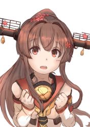 Rule 34 | 10s, 1girl, absurdres, bare shoulders, blush, brown eyes, brown hair, clenched hands, detached sleeves, flower, hair flower, hair intakes, hair ornament, headgear, high ponytail, highres, kantai collection, long hair, open mouth, ponytail, ranf, solo, white background, yamato (kancolle)