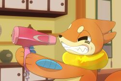 brown_fur buizel creatures_(company) cupboard from_side game_freak gen_4_pokemon hair_dryer highres hirochanu0807 holding holding_hair_dryer indoors nintendo no_humans pokemon pokemon_(creature) solo teeth upper_body