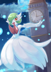 Rule 34 | 1girl, absurdres, arm up, bare shoulders, blue moon, bob cut, clock, clock tower, cloud, colored skin, creatures (company), dress, dutch angle, elbow gloves, female focus, flat chest, floating, full body, full moon, game freak, gardevoir, gen 3 pokemon, gloves, green hair, hair over one eye, happy, highres, jobanni, light particles, looking to the side, mega gardevoir, mega pokemon, moon, night, nintendo, one eye covered, open mouth, outdoors, outstretched arm, pokemon, pokemon (creature), red eyes, roman numeral, short hair, smile, solo, strapless, strapless dress, tower, white dress, white gloves, white skin