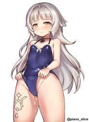 Rule 34 | 1girl, azur lane, blue one-piece swimsuit, blunt bangs, blush, breasts, cameltoe, casual one-piece swimsuit, choker, closed mouth, clothes lift, covered erect nipples, cowboy shot, cross, frontal wedgie, hairband, highres, iron cross, long hair, looking at viewer, mole, mole under eye, one-piece swimsuit, piano-alice, pussy juice, silver hair, simple background, small breasts, solo, swimsuit, swimsuit lift, tattoo, thighs, twitter username, wedgie, white background, yellow eyes, z46 (azur lane), z46 (her first summer) (azur lane)