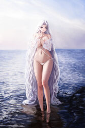 Rule 34 | 1girl, absurdly long hair, absurdres, areola slip, azur lane, bikini, blue eyes, breasts, choker, covering privates, covering breasts, cross, cross choker, full body, hand on own chest, highres, huge breasts, long hair, looking at viewer, nail polish, official alternate costume, outdoors, red nails, see-through, see-through sleeves, solo, standing, string bikini, swimsuit, thong bikini, very long hair, wading, water, white bikini, white choker, wjy1347193, yorktown (azur lane), yorktown ii (azur lane), yorktown ii (bright-sky mermaid) (azur lane)