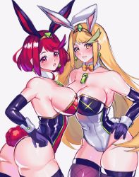 Rule 34 | 2girls, adapted costume, alternate costume, animal ears, arched back, ass, bad id, bad pixiv id, blonde hair, breasts, cleavage, cowboy shot, detached collar, fake animal ears, gem, hair ornament, headpiece, highres, jewelry, large breasts, legs together, leotard, long hair, looking at viewer, multiple girls, mythra (xenoblade), nintendo, open mouth, playboy bunny, pyra (xenoblade), rabbit ears, rabbit tail, short hair, simple background, swept bangs, tail, teeth, thighhighs, thighs, tiara, very long hair, white background, xenoblade chronicles (series), xenoblade chronicles 2, yagi (kyuhyun)