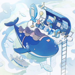 Rule 34 | 1girl, absurdres, air bubble, backpack, bag, balloon, bubble, bus stop, cat, fish, grey hair, highres, ladder, octopus, original, saddle, sign, solo, split mouth, standing, tti design, whale, whale hat