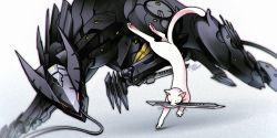 Rule 34 | agnieszka grochalska, bladewolf, cable, cat, commentary request, holding, holding knife, knife, mecha, metal gear (series), metal gear rising: revengeance, mouth hold, no humans, non-humanoid robot, red eyes, robot, robot animal, tail, white cat
