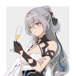 Rule 34 | 1girl, absurdres, bare shoulders, breasts, bronya zaychik, bronya zaychik (silverwing: n-ex), cleavage, closed mouth, commentary request, cup, dress, drinking glass, gloves, grey eyes, grey hair, grey nails, hair between eyes, hair ornament, highres, holding, holding cup, honkai (series), honkai impact 3rd, huahong (user asrp7337), long hair, looking at viewer, medium breasts, nail polish, single glove, sleeveless, sleeveless dress, smile, solo, wine glass