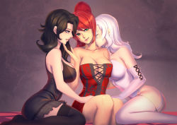 Rule 34 | 3girls, :d, bakki, bare shoulders, between breasts, black dress, black hair, black legwear, breast press, breasts, cinder fall, cleavage, closed eyes, collarbone, corset, covered navel, dress, elbow gloves, fff threesome, girl sandwich, gloves, green eyes, group sex, hair over eyes, half-closed eyes, hand on another&#039;s thigh, hip focus, kiss, kissing neck, kneeling, large breasts, lips, long hair, looking at viewer, mole, multiple girls, naughty face, open mouth, parted lips, pink lips, ponytail, pyrrha nikos, red hair, rwby, sandwiched, sitting, sleeveless, sleeveless dress, smile, swept bangs, thighhighs, threesome, white hair, white legwear, winter schnee, yuri