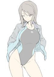 Rule 34 | 10s, 1girl, breasts, collarbone, competition swimsuit, cowboy shot, eyebrows, female focus, flat color, girls und panzer, gluteal fold, grey eyes, grey hair, hair between eyes, halcon, highleg, highleg swimsuit, highres, jacket, large breasts, looking at viewer, mika (girls und panzer), one-piece swimsuit, one eye closed, pale color, simple background, smile, solo, standing, swimsuit, tsurime, white background, zipper